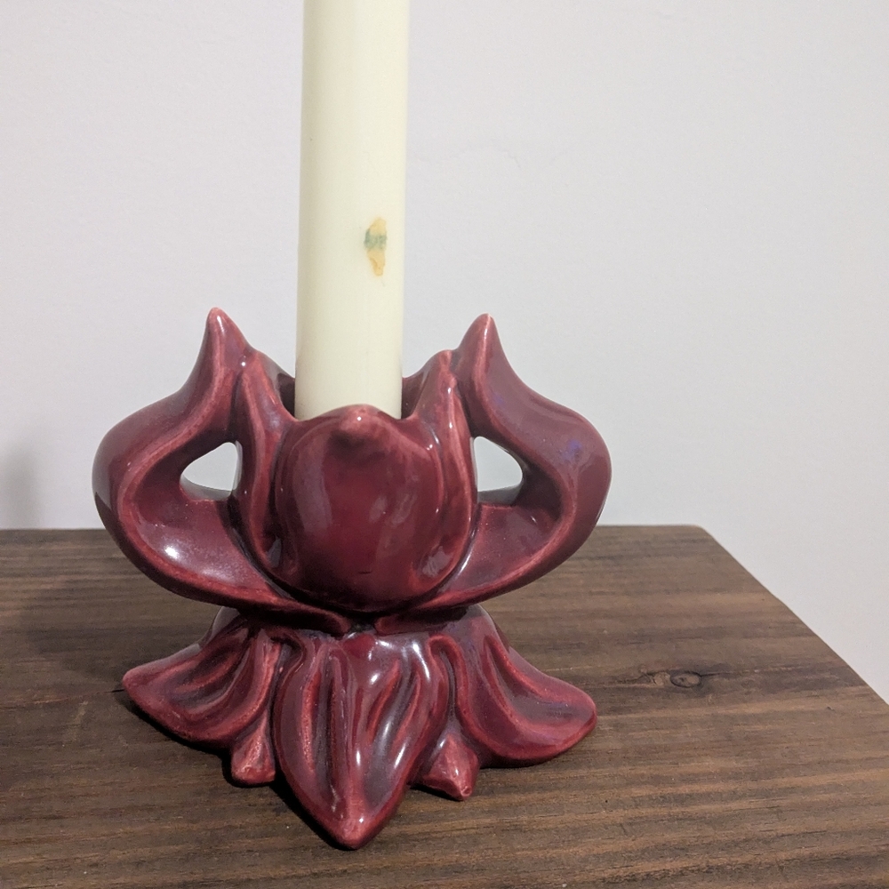 Lotus Flower Candle Stick Holder Claire Lerner CL239 Maroon Pottery